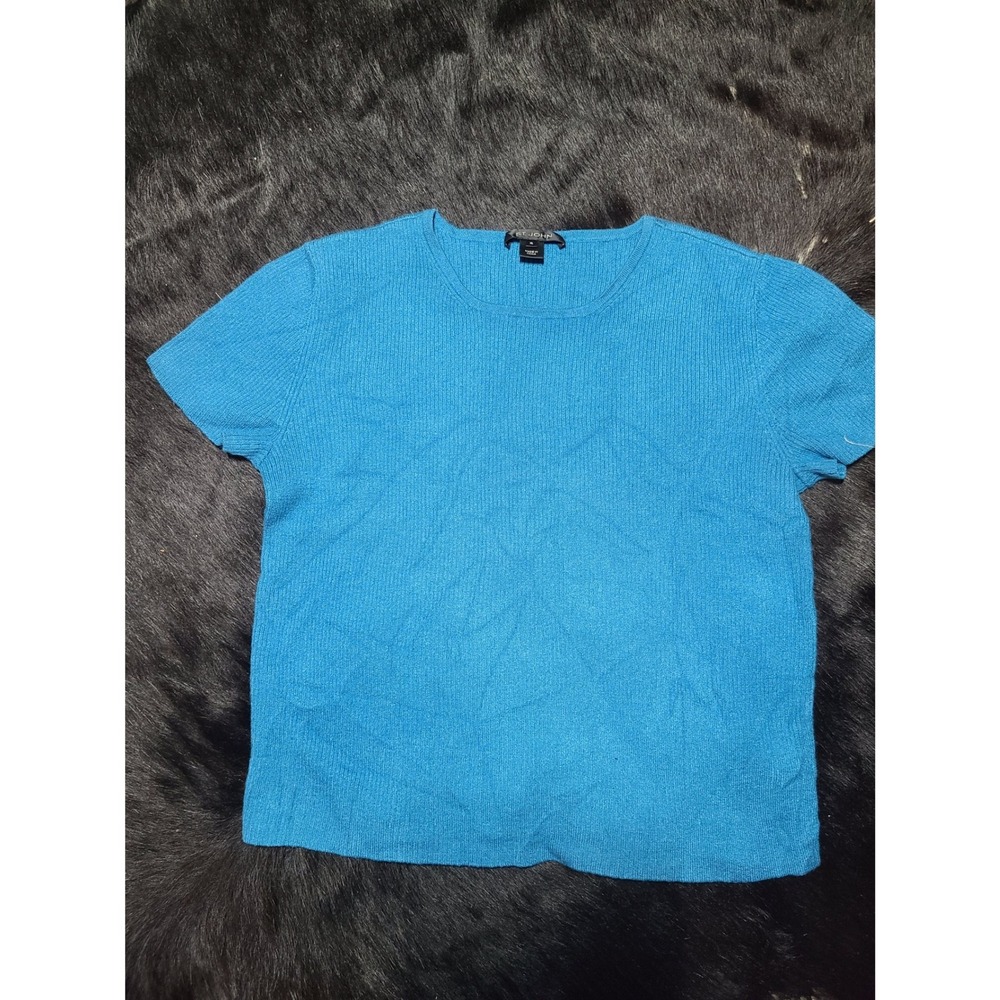 St. John Knit Top Women XL Blue Ribbed Wool Blend Short Sleeve